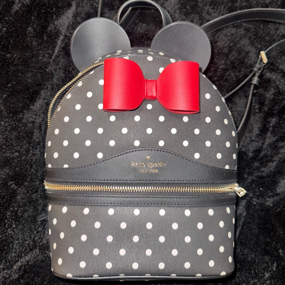 Kate Spade Black and White Polka Dot Backpack with Red Bow